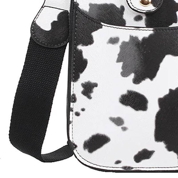 Black White Cow Print Vegan Leather Cross Body Bag Snap Latch Closure - Picture 2 of 2